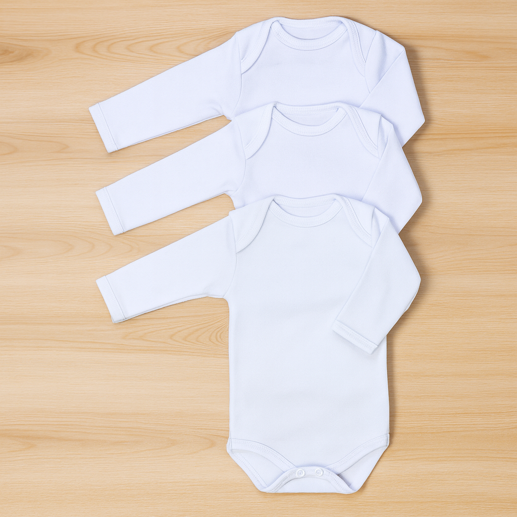 Kit Body 3 Peças Branco Manga Longa Em Algodão Antialérgico