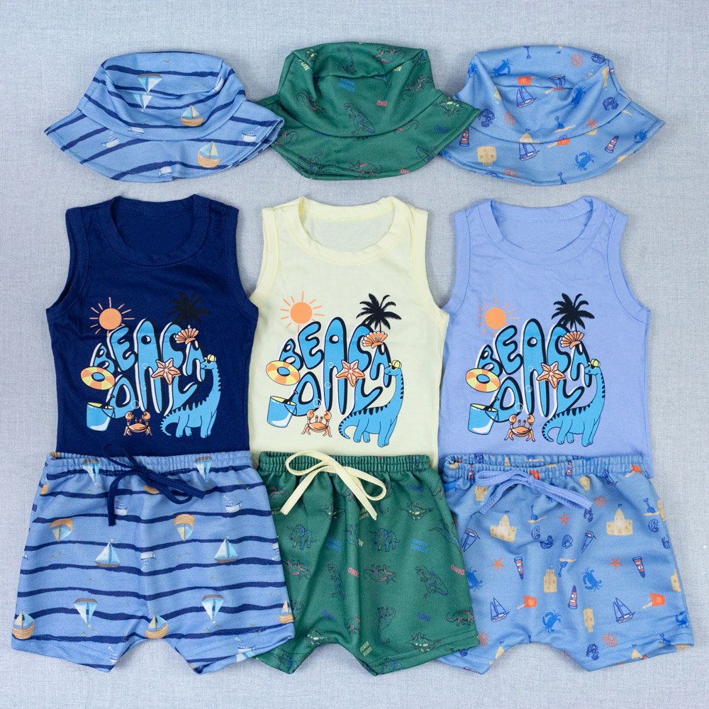 Kit Verão Bebê Regata Estampada, Bermuda E Chapéu Bucket - Imagem 4