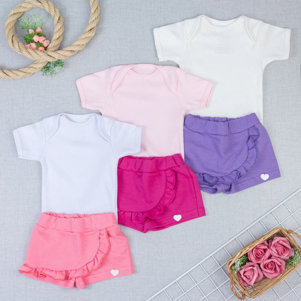 Look Da Bebê Com Body Manga Curta Shorts Saia