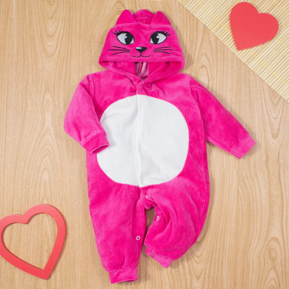 Macacão Longo Em Plush Para Bebê Capuz Bordado Gatinha Pink