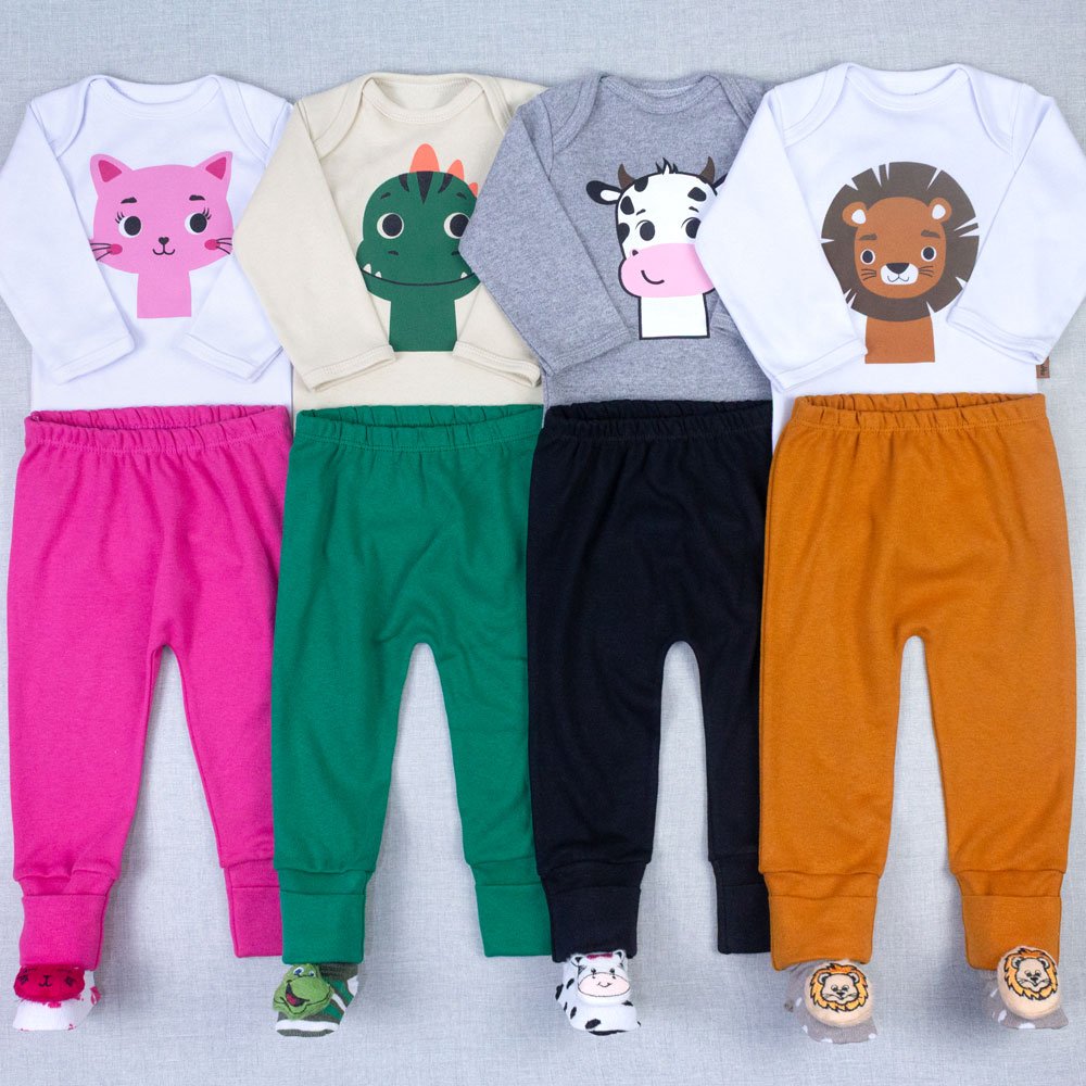 Conjunto Bebê Completo Body Manga Longa, Calça Pé Reversível E Pantufa - Cachorrinho