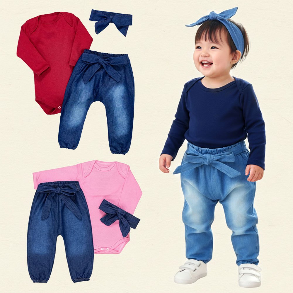Conjunto Para Bebê Body E Calça Jeans Com Faixinha Branco
