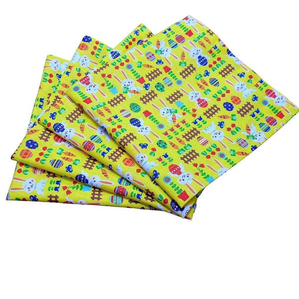 Kit 4 Guardanapos De Tecido Algodão Coelho Da Páscoa Alegria Amarelo 39cmx39cm Cor:amarelo - UN / 4