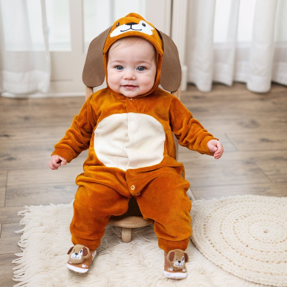 Conjunto De Macacão Cãozinho Caramelo Com Capuz E Pantufa 3d