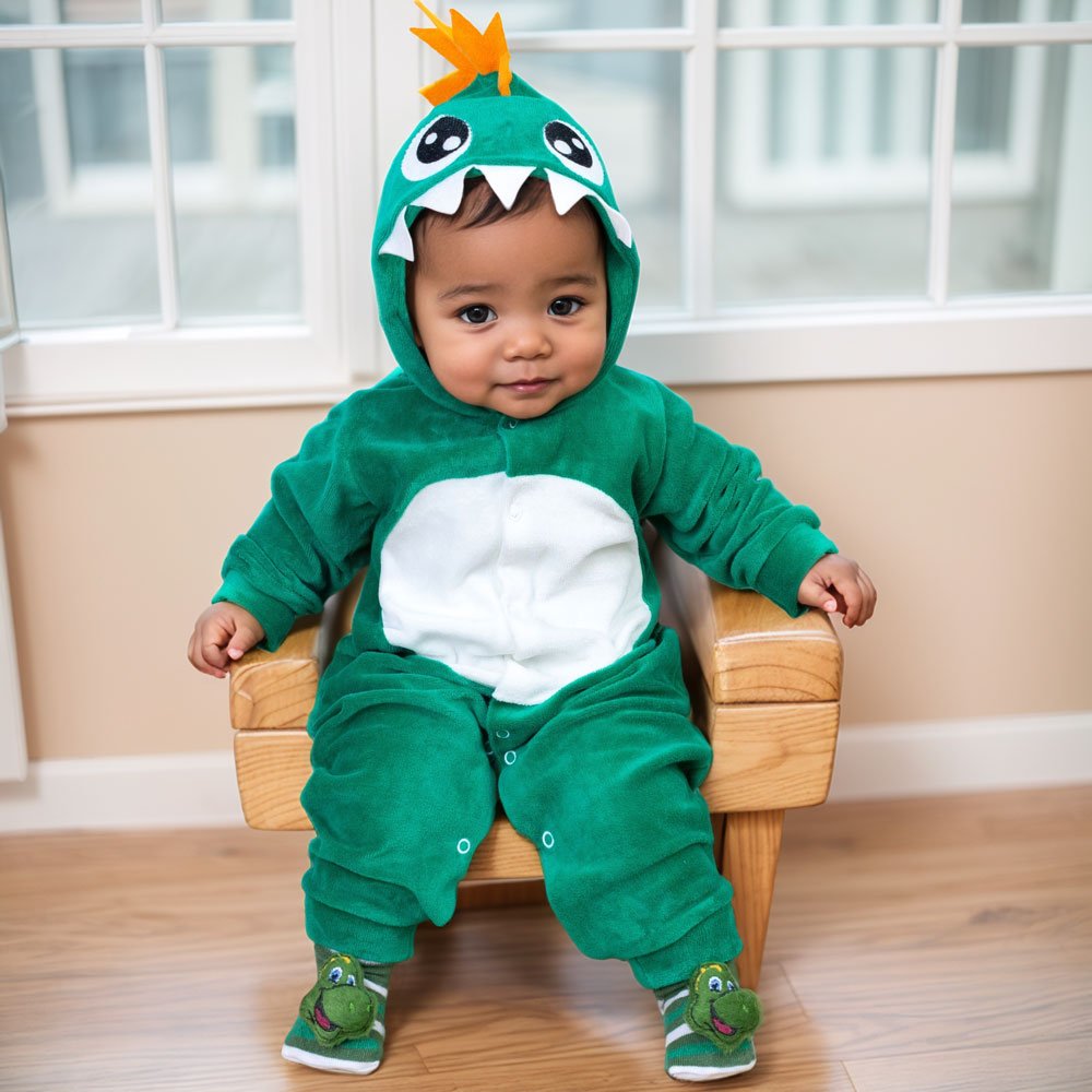 Conjunto Dino: Macacão Plush Com Capuz Bordado E Pantufa 3d