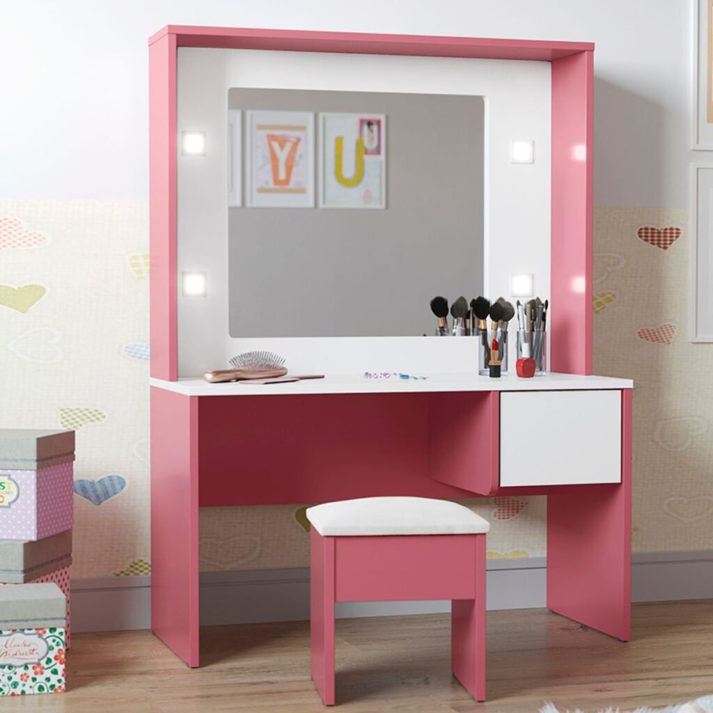 Penteadeira Infantil Diana Led E Banqueta Branco Rosa