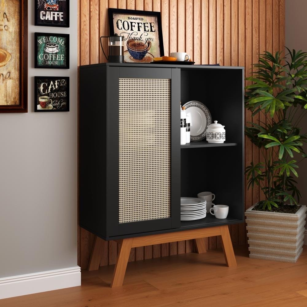 Balcão Alto Aparador Buffet Rattan Pés Em Madeira Preto