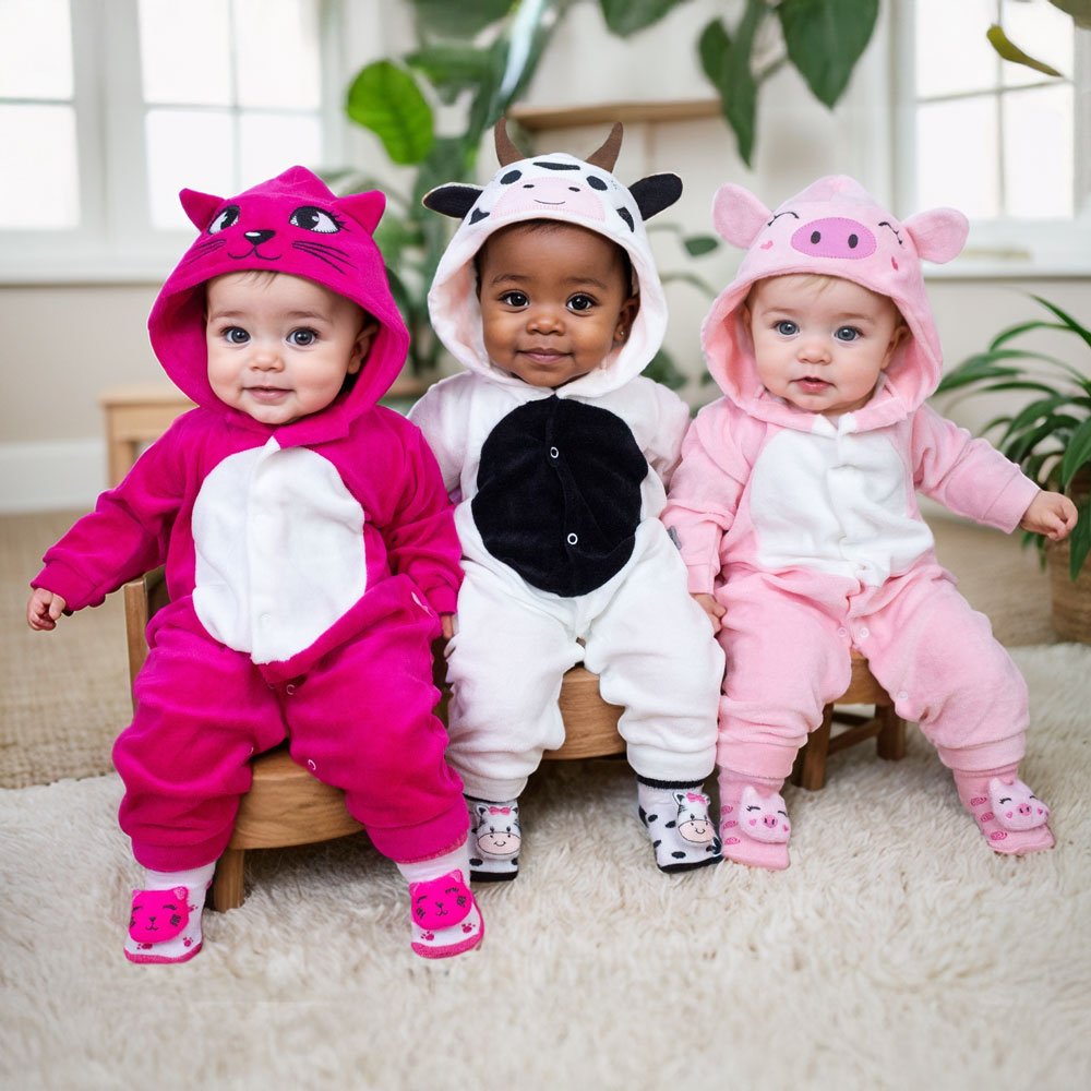 Conjunto Macacão Em Plush 3d E Pantufa Lúdica Para Bebê Menina - Imagem 7