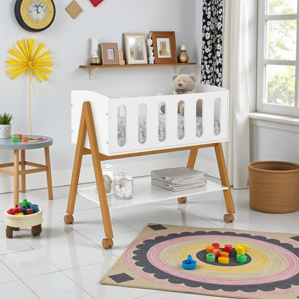 Berço Com Rodas Pés Madeira Prateleira Branco Eco Wood