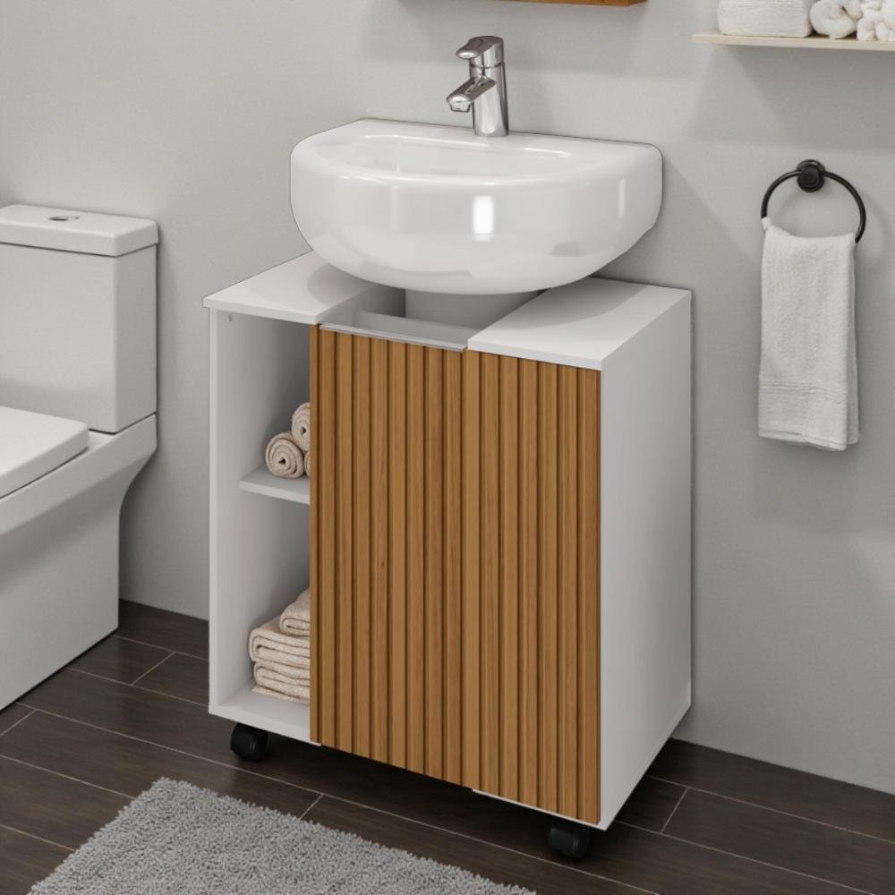 Gabinete Banheiro 1 Porta Com Rodinhas Branco Ripado